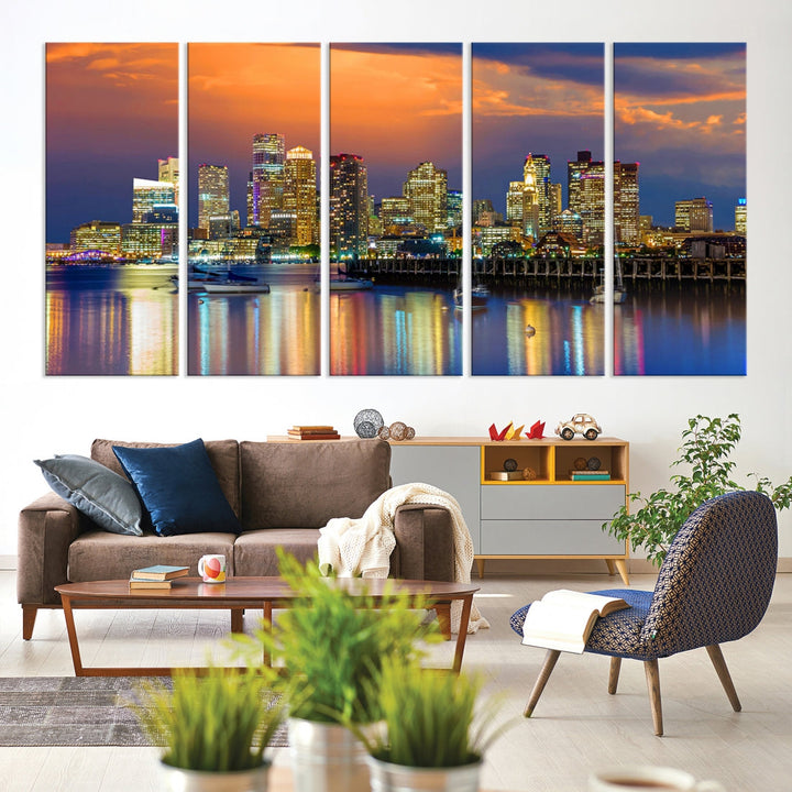 Blue Orange Boston Skyline Picture Canvas Print Cityscape Wall Art Framed