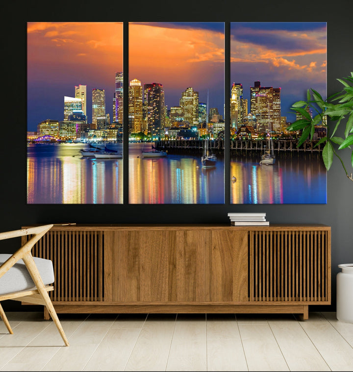 Blue Orange Boston Skyline Picture Canvas Print Cityscape Wall Art Framed