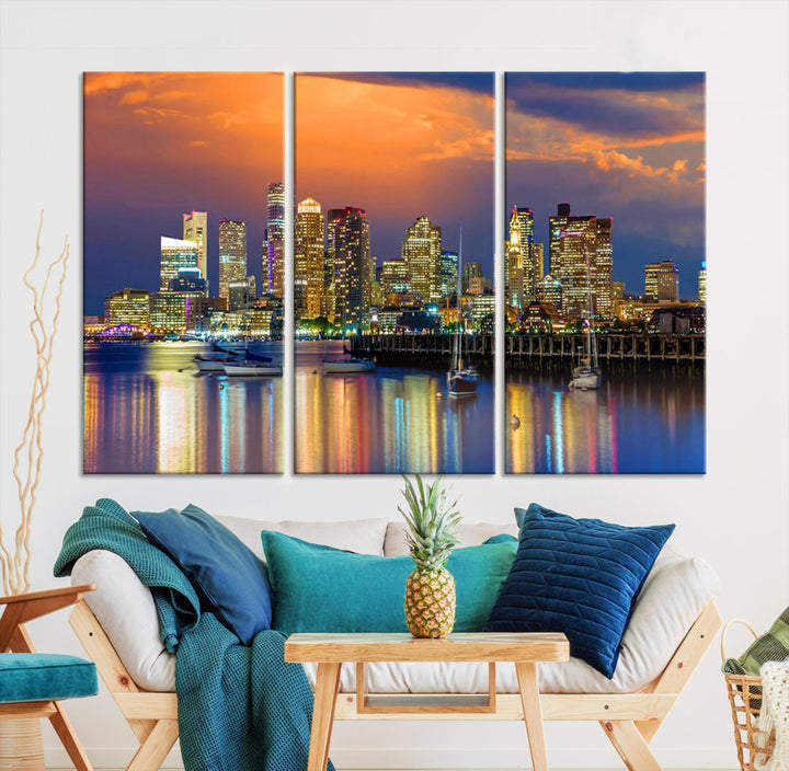 Blue Orange Boston Skyline Picture Canvas Print Cityscape Wall Art Framed