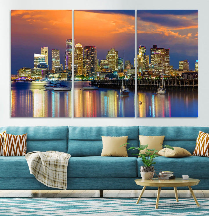 Blue Orange Boston Skyline Picture Canvas Print Cityscape Wall Art Framed