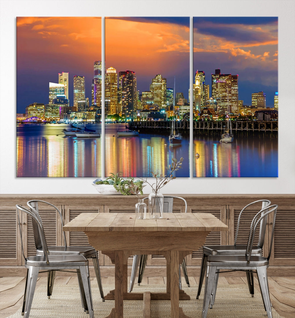 Blue Orange Boston Skyline Picture Canvas Print Cityscape Wall Art Framed