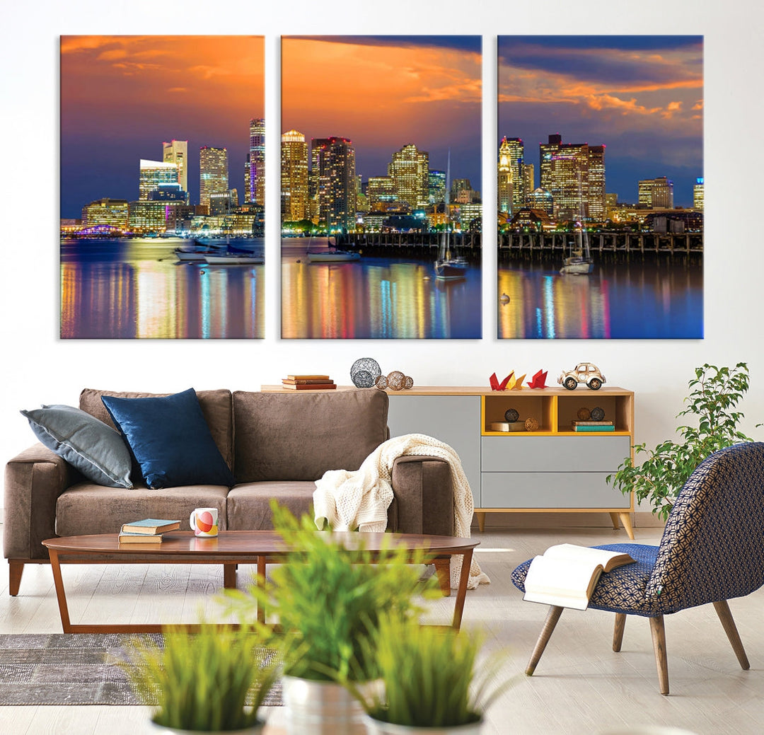 Blue Orange Boston Skyline Picture Canvas Print Cityscape Wall Art Framed