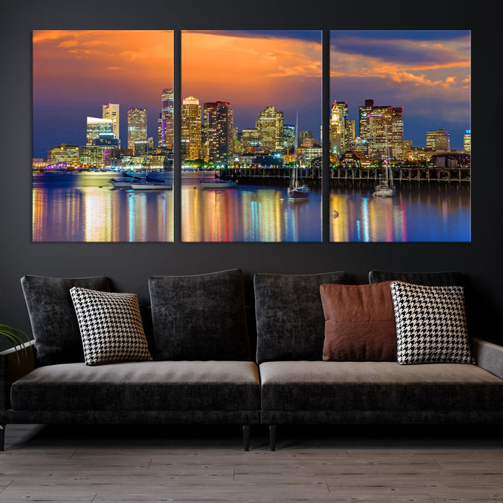 Blue Orange Boston Skyline Picture Canvas Print Cityscape Wall Art Framed