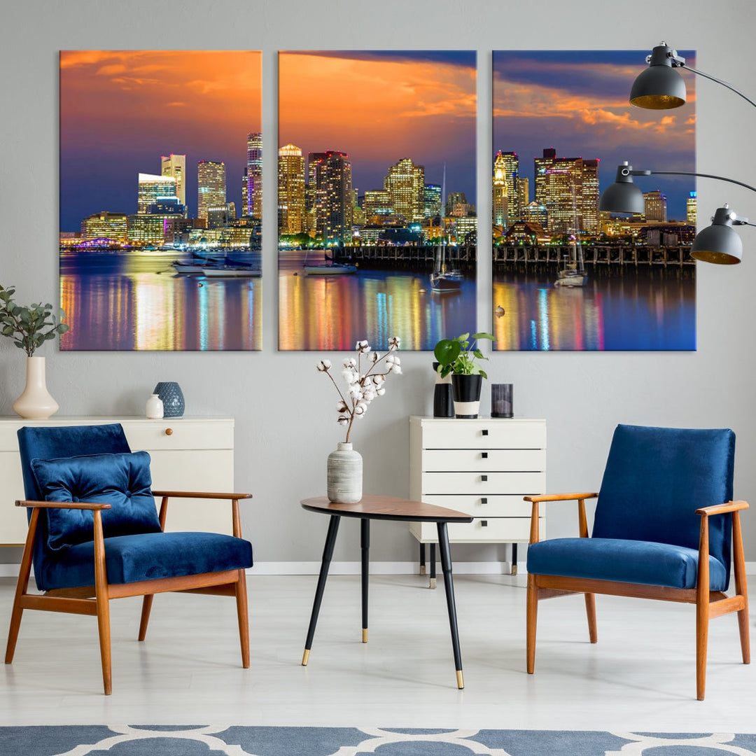 Blue Orange Boston Skyline Picture Canvas Print Cityscape Wall Art Framed