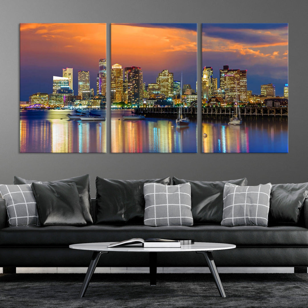 Blue Orange Boston Skyline Picture Canvas Print Cityscape Wall Art Framed