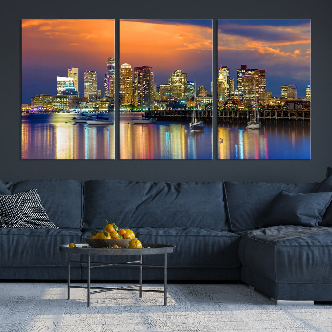 Blue Orange Boston Skyline Picture Canvas Print Cityscape Wall Art Framed