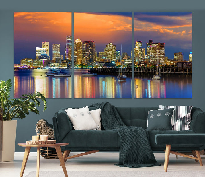 Blue Orange Boston Skyline Picture Canvas Print Cityscape Wall Art Framed