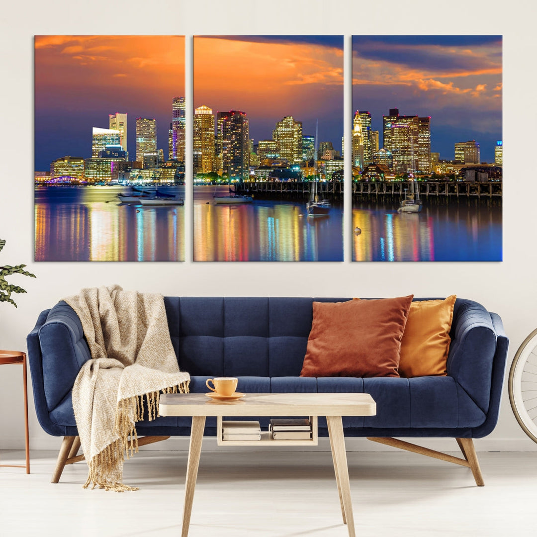 Blue Orange Boston Skyline Picture Canvas Print Cityscape Wall Art Framed