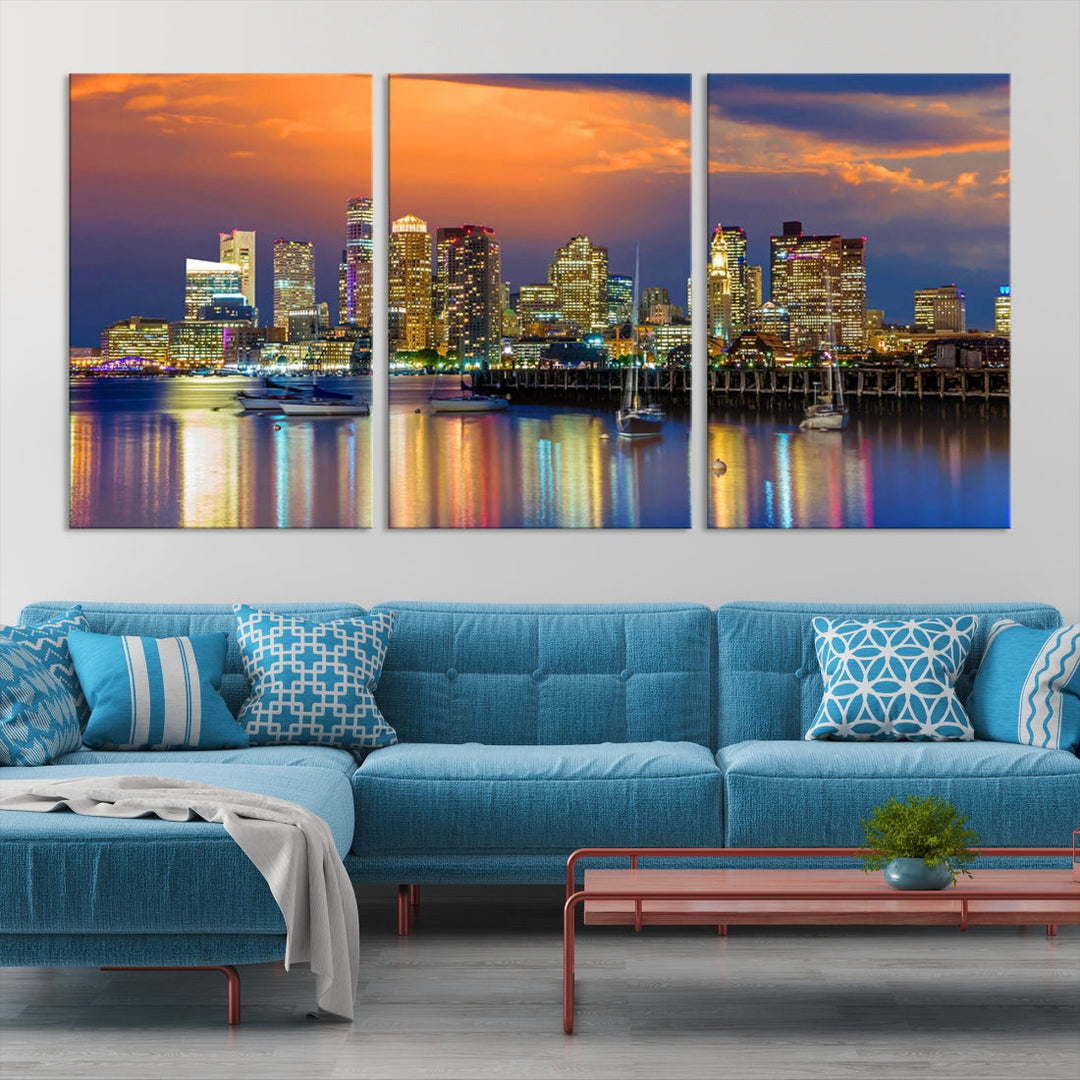 Blue Orange Boston Skyline Picture Canvas Print Cityscape Wall Art Framed