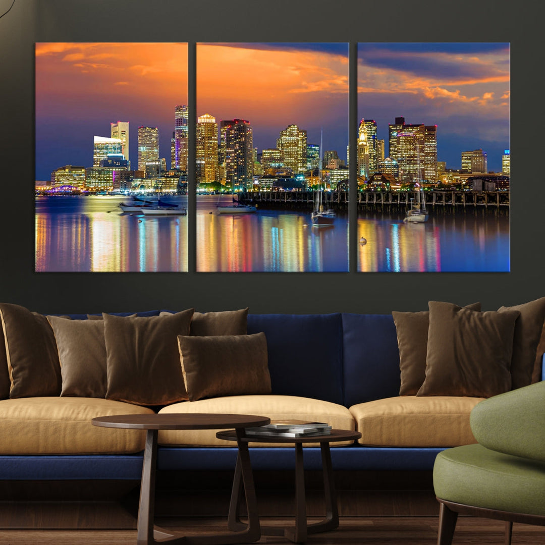 Blue Orange Boston Skyline Picture Canvas Print Cityscape Wall Art Framed