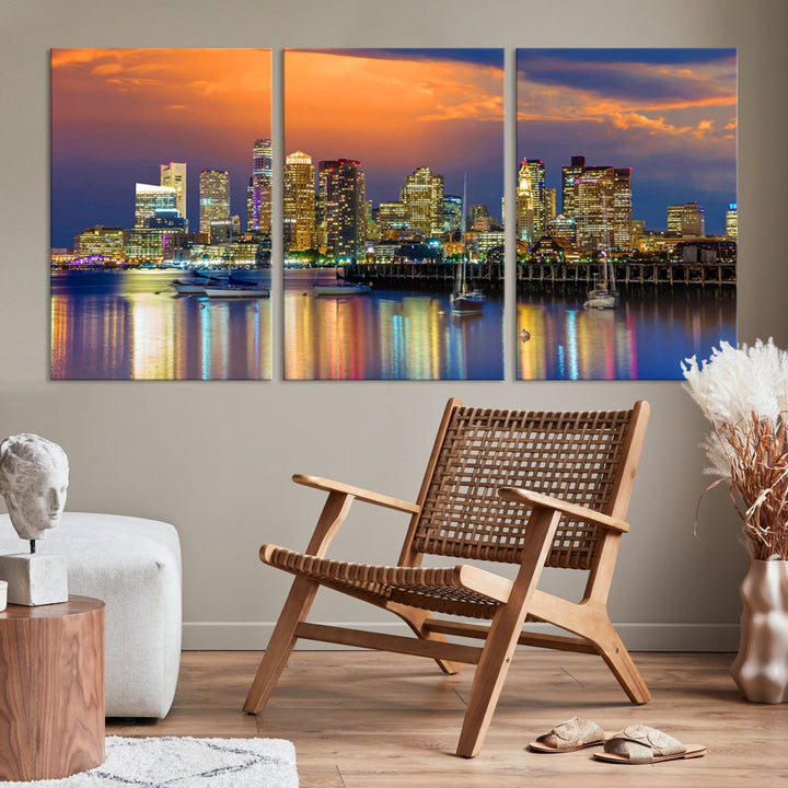 Blue Orange Boston Skyline Picture Canvas Print Cityscape Wall Art Framed