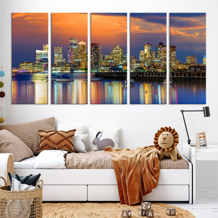 Blue Orange Boston Skyline Picture Canvas Print Cityscape Wall Art Framed