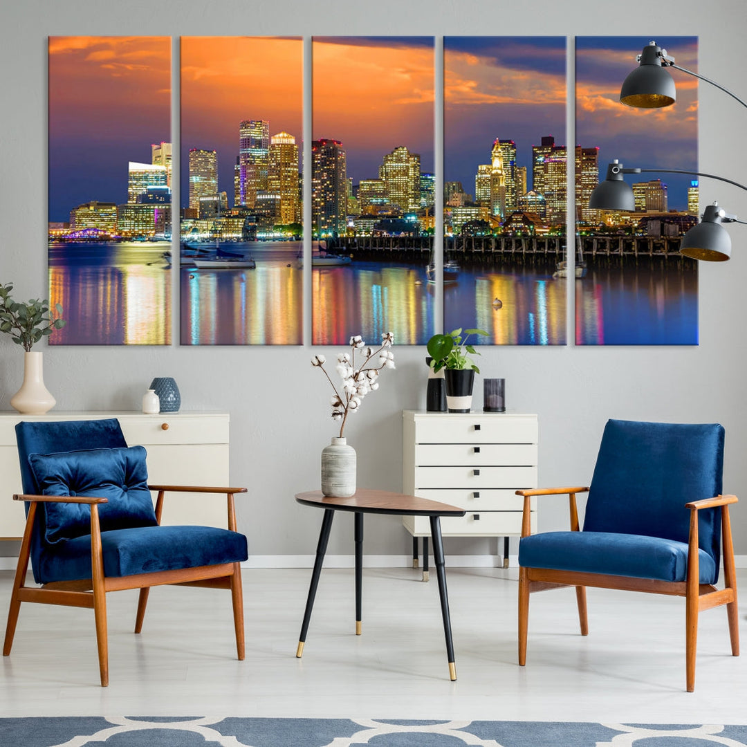 Blue Orange Boston Skyline Picture Canvas Print Cityscape Wall Art Framed