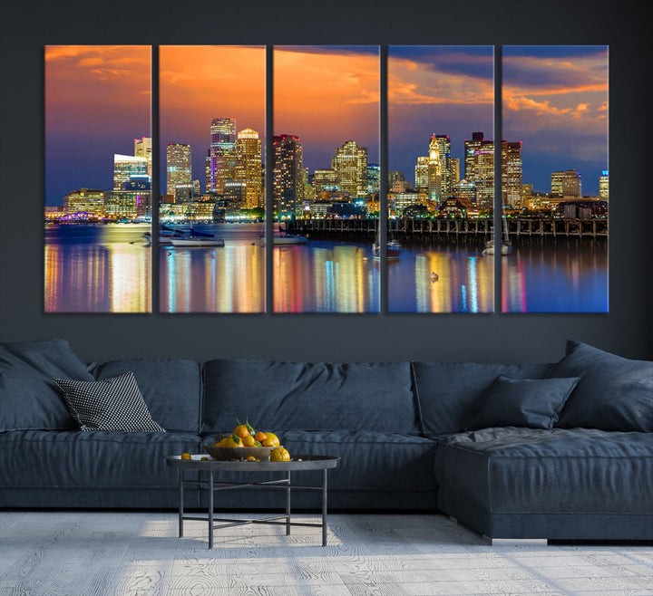 Blue Orange Boston Skyline Picture Canvas Print Cityscape Wall Art Framed