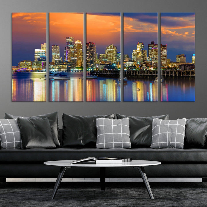 Blue Orange Boston Skyline Picture Canvas Print Cityscape Wall Art Framed