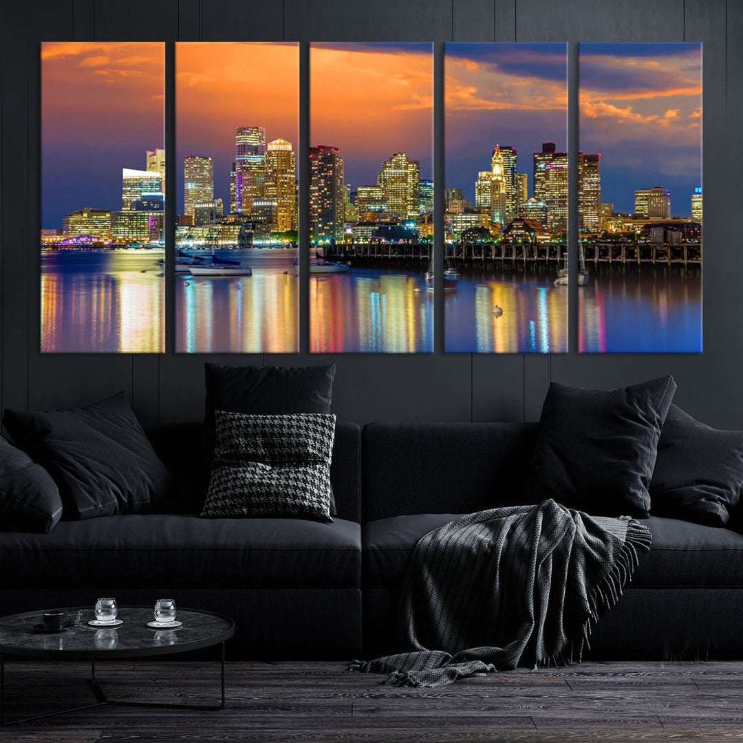 Blue Orange Boston Skyline Picture Canvas Print Cityscape Wall Art Framed