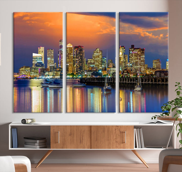 Blue Orange Boston Skyline Picture Canvas Print Cityscape Wall Art Framed