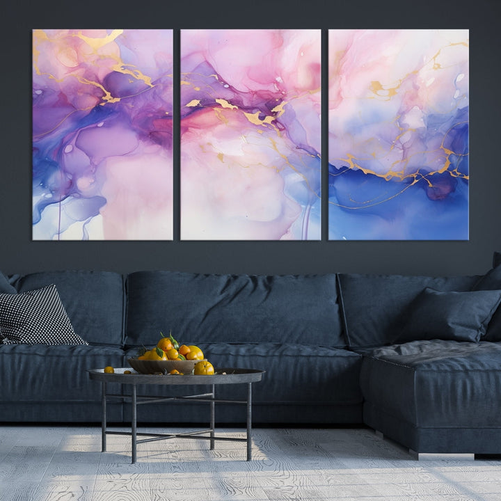 Blue Purple Abstract Painting, Set of Canvas Print, Celestial Sky Wall Art, Modern Wall Decor