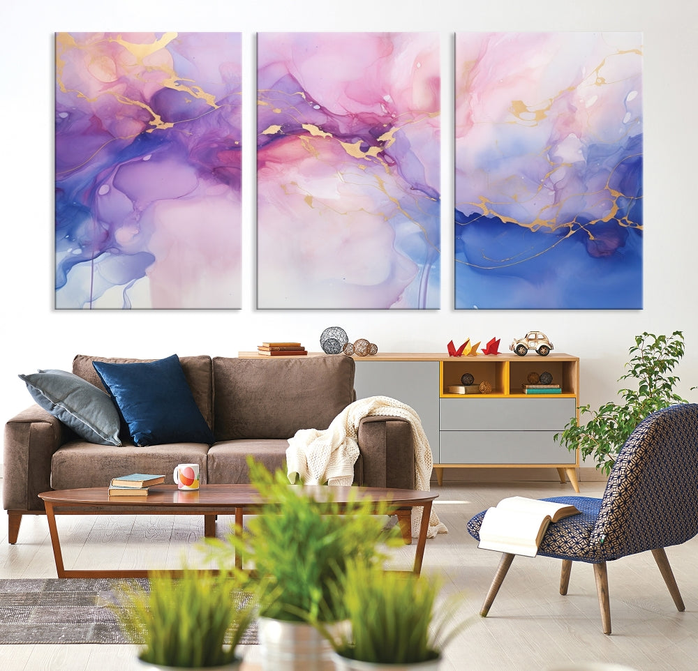 Blue Purple Abstract Painting, Set of Canvas Print, Celestial Sky Wall Art, Modern Wall Decor