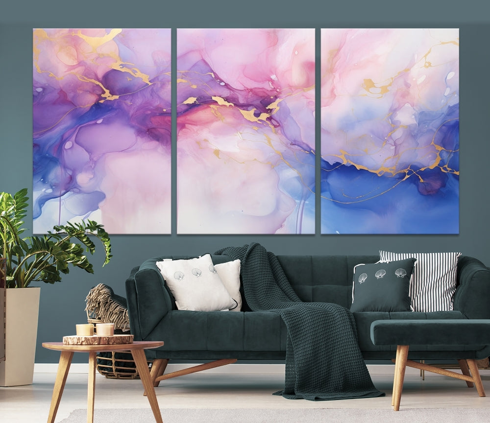 Blue Purple Abstract Painting, Set of Canvas Print, Celestial Sky Wall Art, Modern Wall Decor