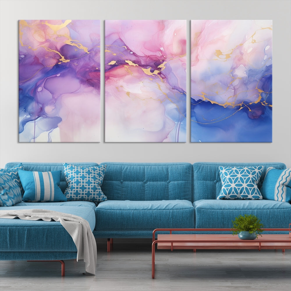 Blue Purple Abstract Painting, Set of Canvas Print, Celestial Sky Wall Art, Modern Wall Decor