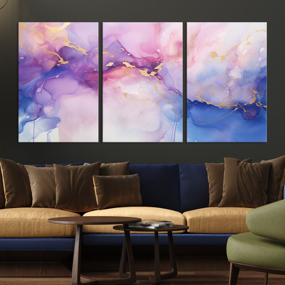 Blue Purple Abstract Painting, Set of Canvas Print, Celestial Sky Wall Art, Modern Wall Decor