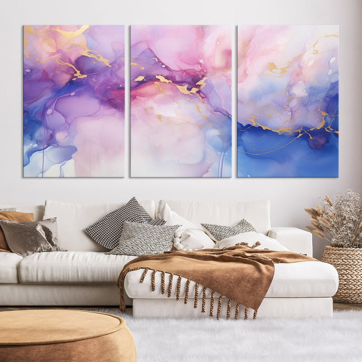 Blue Purple Abstract Painting, Set of Canvas Print, Celestial Sky Wall Art, Modern Wall Decor