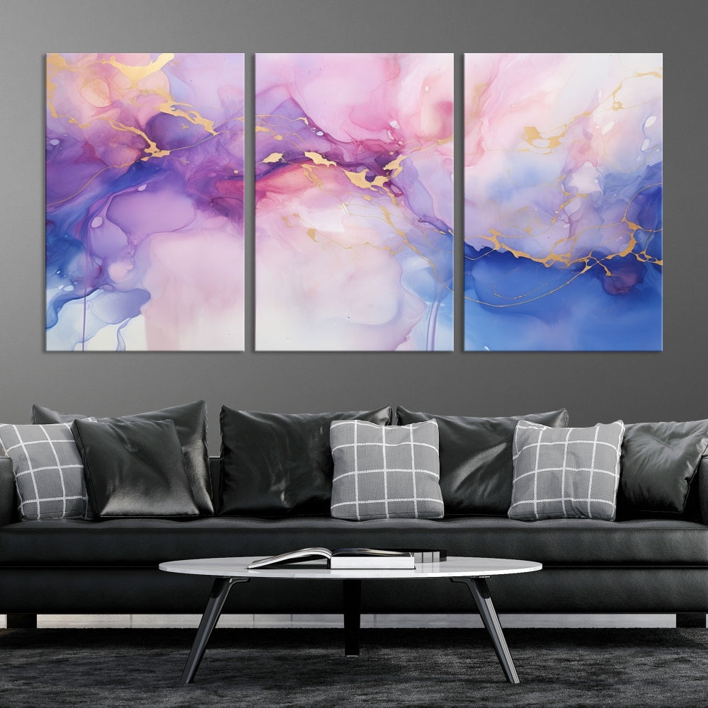 Blue Purple Abstract Painting, Set of Canvas Print, Celestial Sky Wall Art, Modern Wall Decor