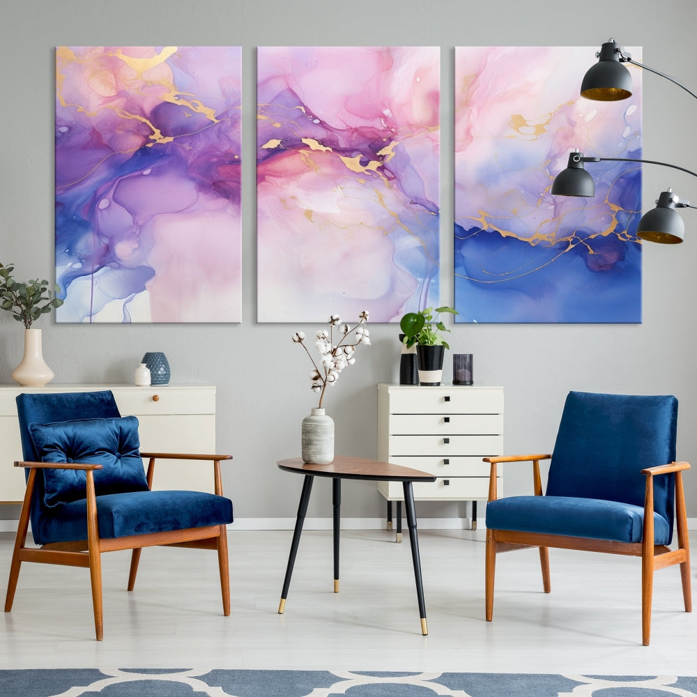 Blue Purple Abstract Painting, Set of Canvas Print, Celestial Sky Wall Art, Modern Wall Decor