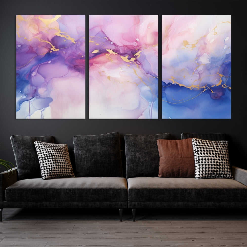 Blue Purple Abstract Painting, Set of Canvas Print, Celestial Sky Wall Art, Modern Wall Decor