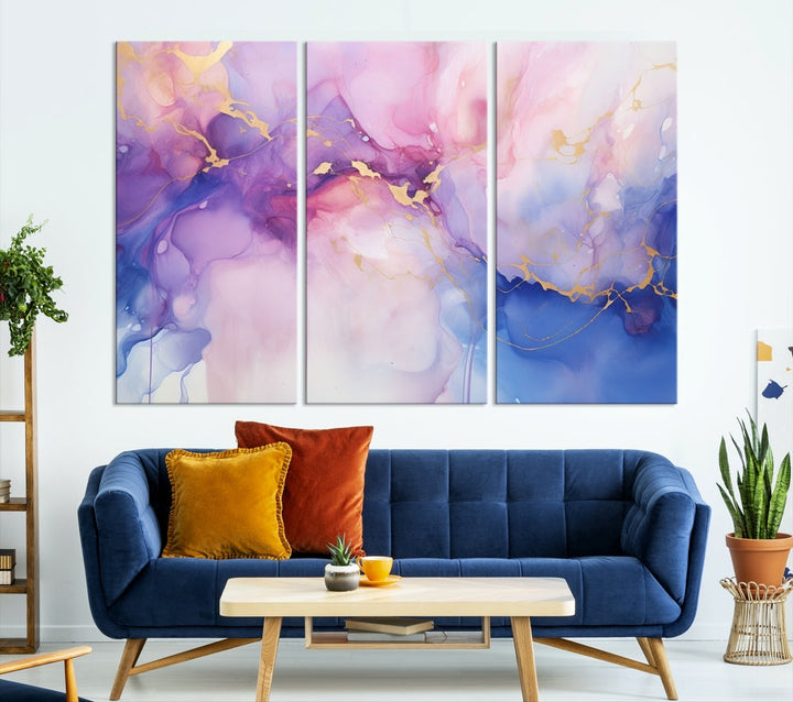 Blue Purple Abstract Painting, Set of Canvas Print, Celestial Sky Wall Art, Modern Wall Decor