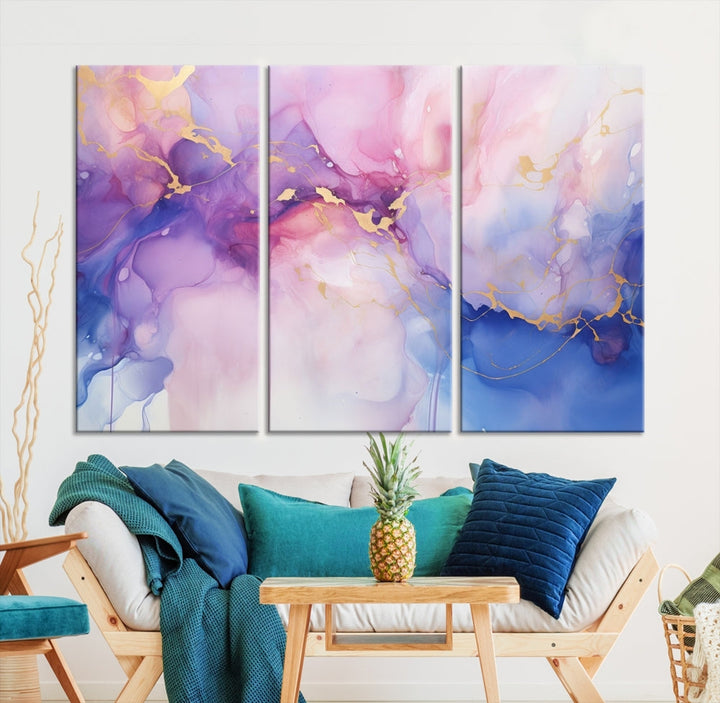 Blue Purple Abstract Painting, Set of Canvas Print, Celestial Sky Wall Art, Modern Wall Decor