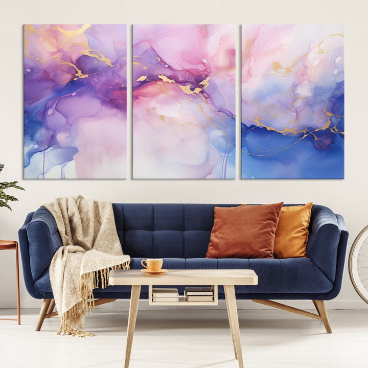 Blue Purple Abstract Painting, Set of Canvas Print, Celestial Sky Wall Art, Modern Wall Decor