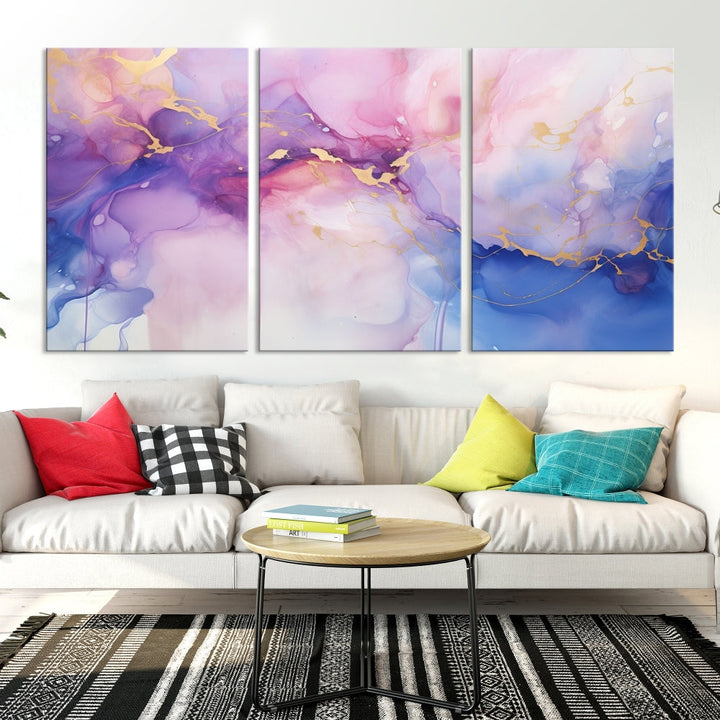 Blue Purple Abstract Painting, Set of Canvas Print, Celestial Sky Wall Art, Modern Wall Decor