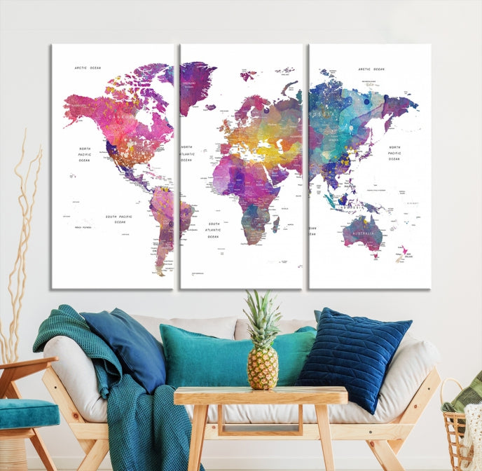 Blue Purple World Map Wall Art Canvas Print Framed Ready to Hang