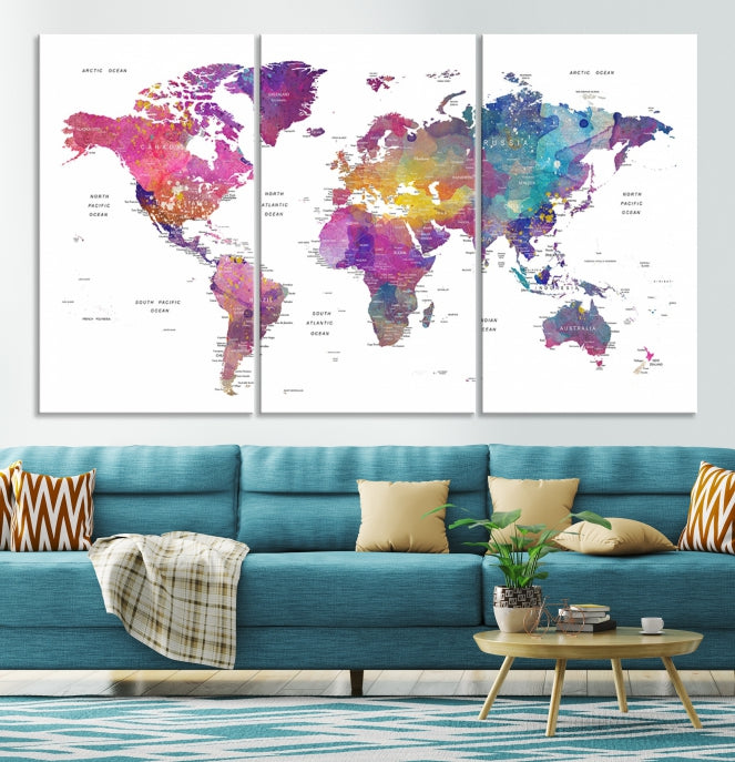 Blue Purple World Map Wall Art Canvas Print Framed Ready to Hang