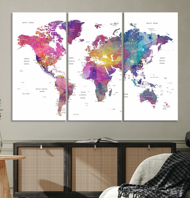 Blue Purple World Map Wall Art Canvas Print Framed Ready to Hang