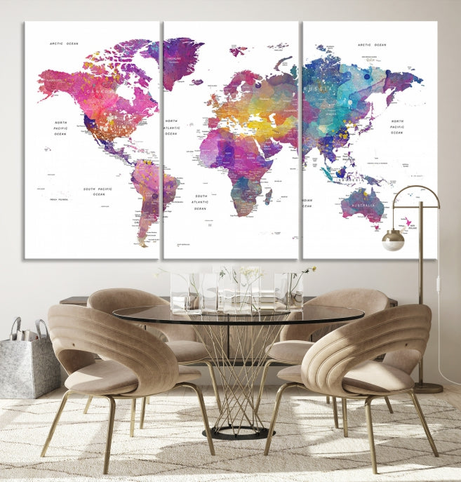 Blue Purple World Map Wall Art Canvas Print Framed Ready to Hang