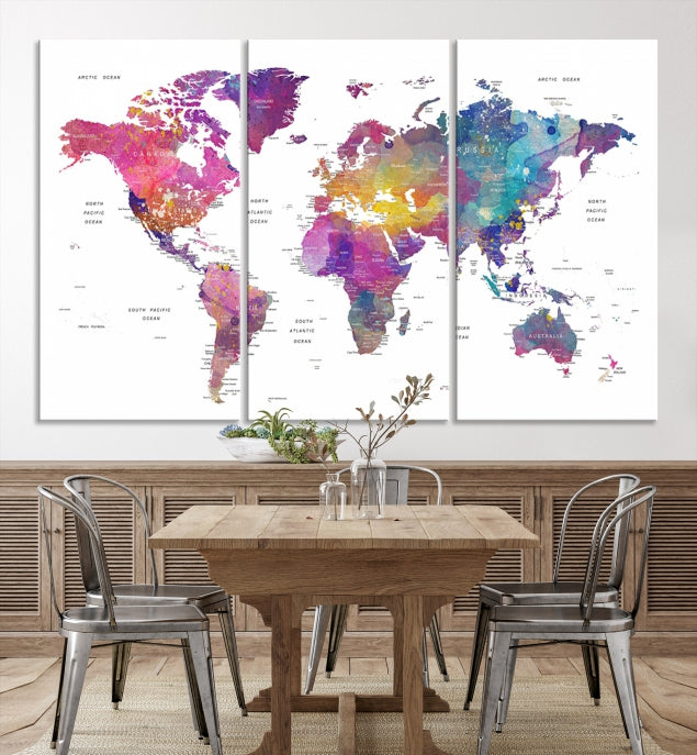 Blue Purple World Map Wall Art Canvas Print Framed Ready to Hang