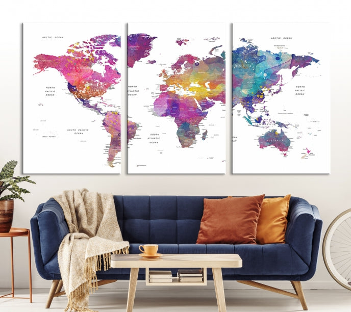 Blue Purple World Map Wall Art Canvas Print Framed Ready to Hang