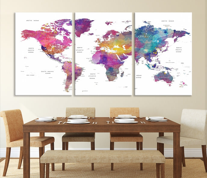 Blue Purple World Map Wall Art Canvas Print Framed Ready to Hang