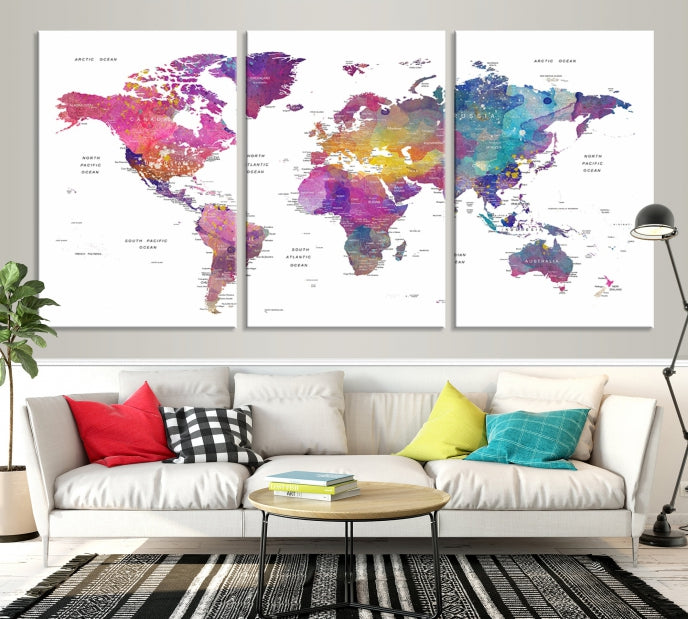 Blue Purple World Map Wall Art Canvas Print Framed Ready to Hang