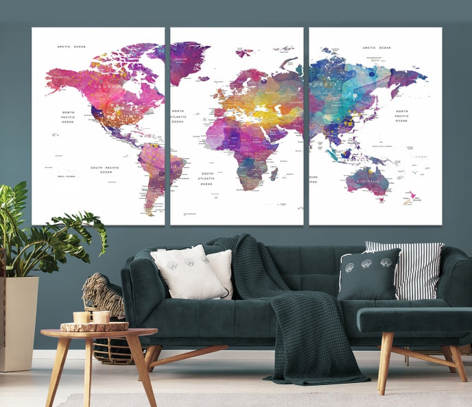 Blue Purple World Map Wall Art Canvas Print Framed Ready to Hang