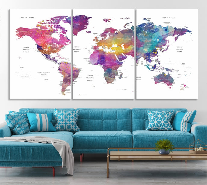 Blue Purple World Map Wall Art Canvas Print Framed Ready to Hang