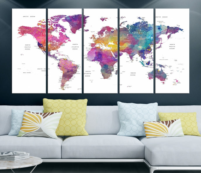 Blue Purple World Map Wall Art Canvas Print Framed Ready to Hang