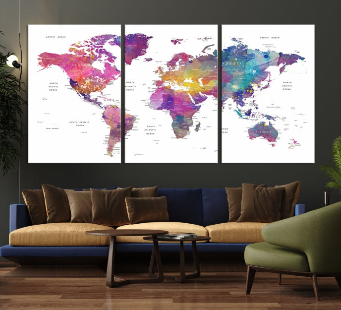 Blue Purple World Map Wall Art Canvas Print Framed Ready to Hang