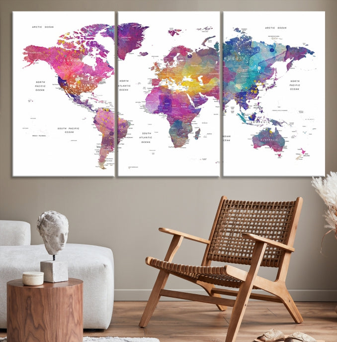 Blue Purple World Map Wall Art Canvas Print Framed Ready to Hang