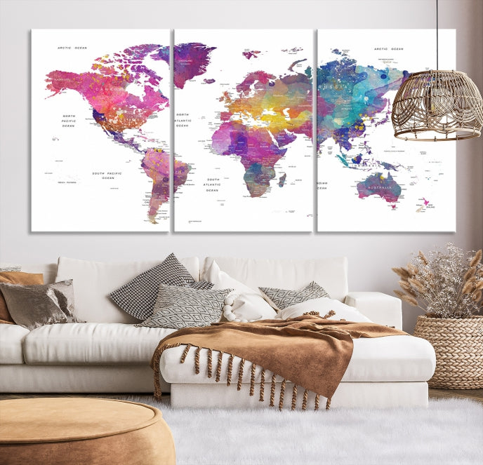 Blue Purple World Map Wall Art Canvas Print Framed Ready to Hang