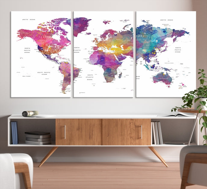 Blue Purple World Map Wall Art Canvas Print Framed Ready to Hang