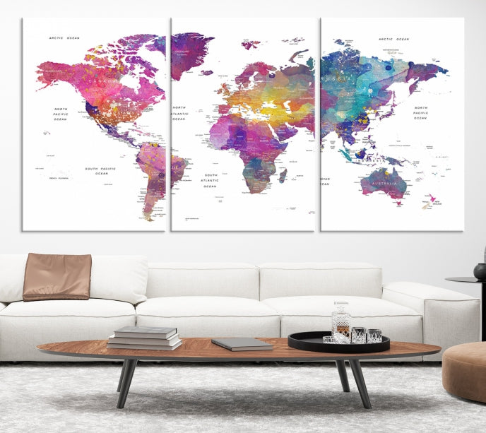 Blue Purple World Map Wall Art Canvas Print Framed Ready to Hang